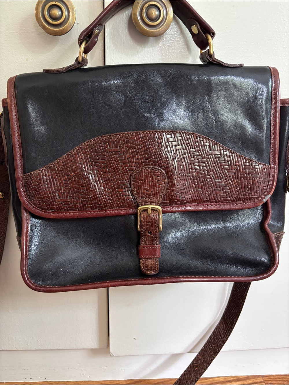 Brown and Black Leather hand Bag - Classic Two-Tone Design